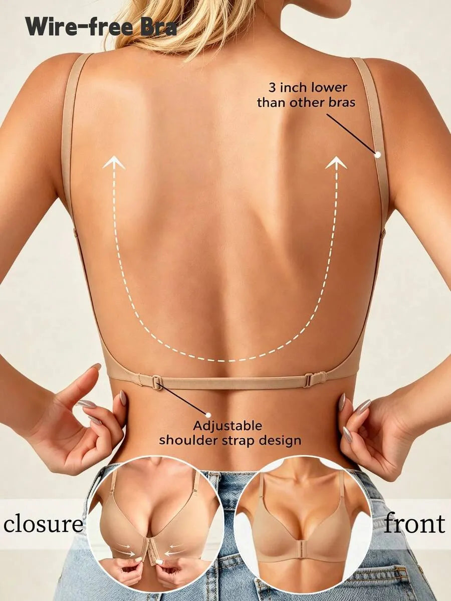 SHEIN حمالة صدر نسائية بدون خياطة ولاسلكية بظهر منخفض وإغلاق أمامي وحشوة قابلة للإزالة بلون مشمشي