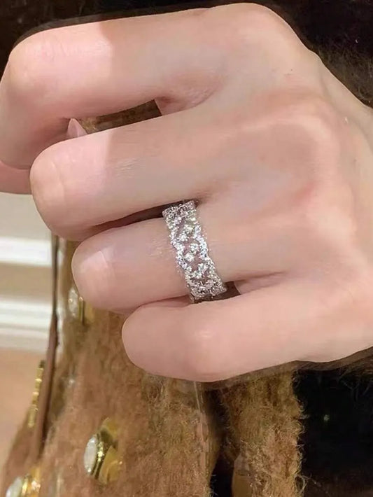 SHEIN مجموعة خواتم نحاسية من قطعتين مرصعة بالزركونيا المكعبة والدانتيل للنساء