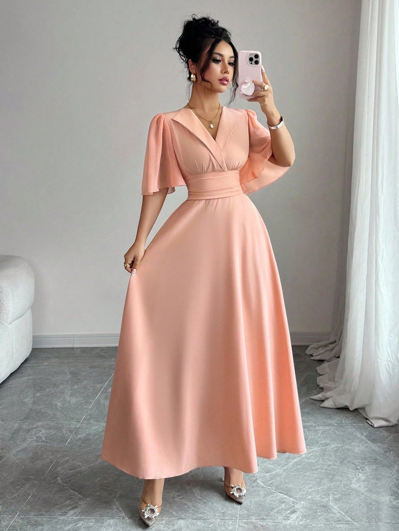 SHEIN Elenzga فستان شيفون مرقع بطبقات وياقة بولو
