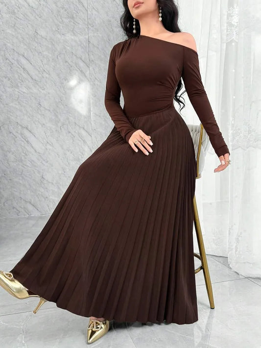 SHEIN Feyla فستان طويل الأكمام بكتف مائل ومطوي بتصميم ذيل السمكة