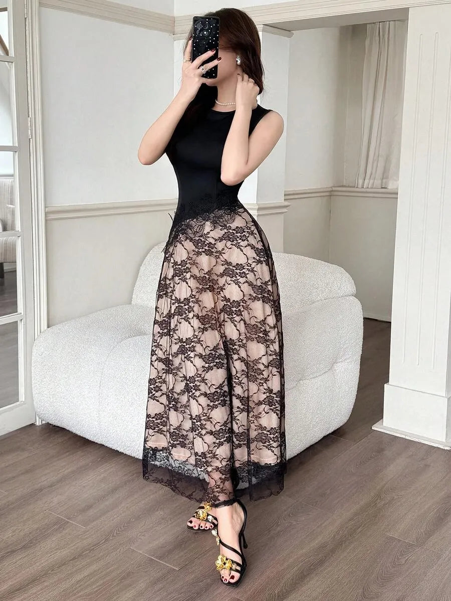 SHEIN Feyla فستان نسائي أنيق رومانسي من الدانتيل والرقعة