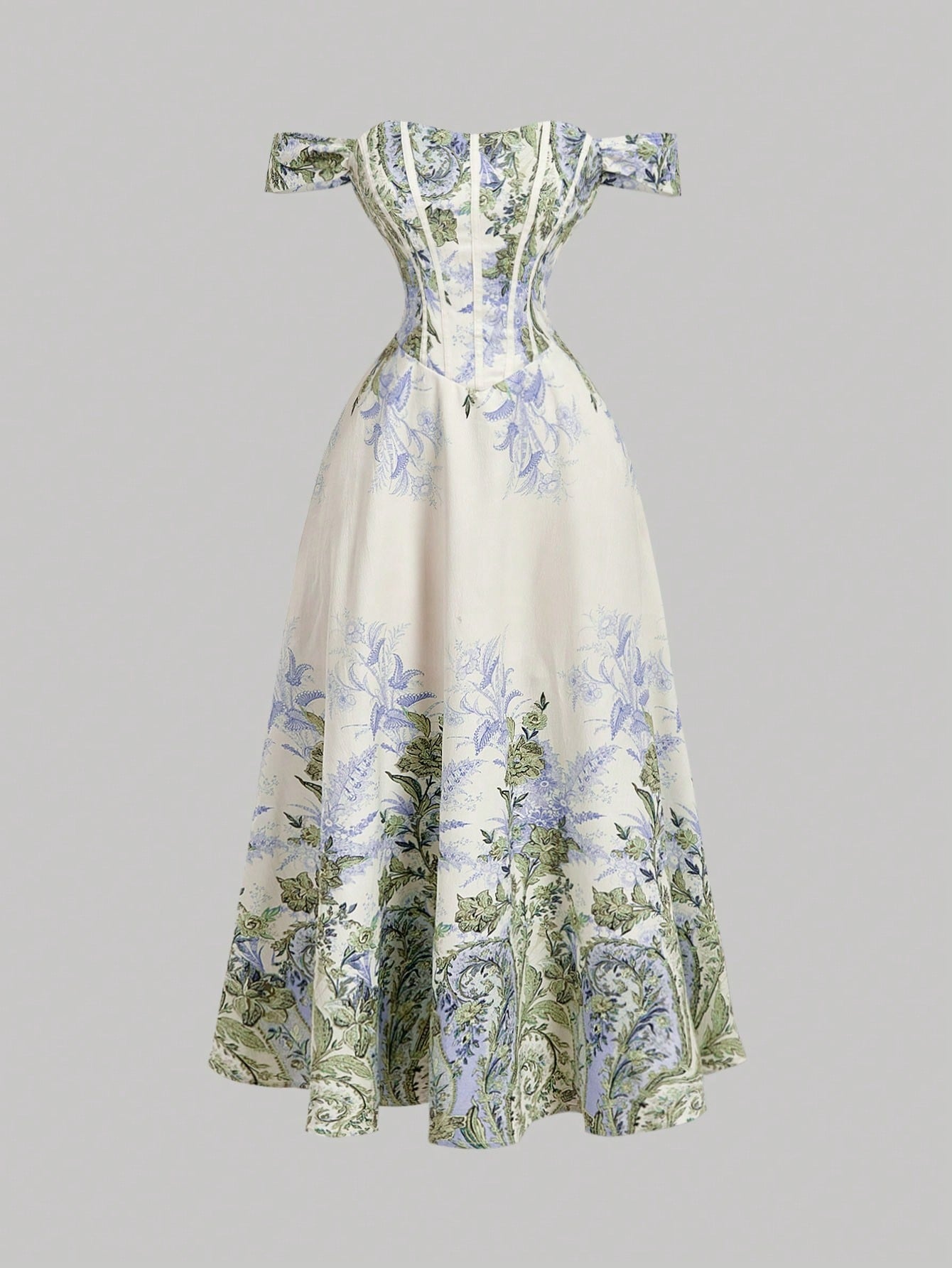 SHEIN MOD فستان متوسط الطول بطبعة زهرية وياقة مكشوفة الكتف