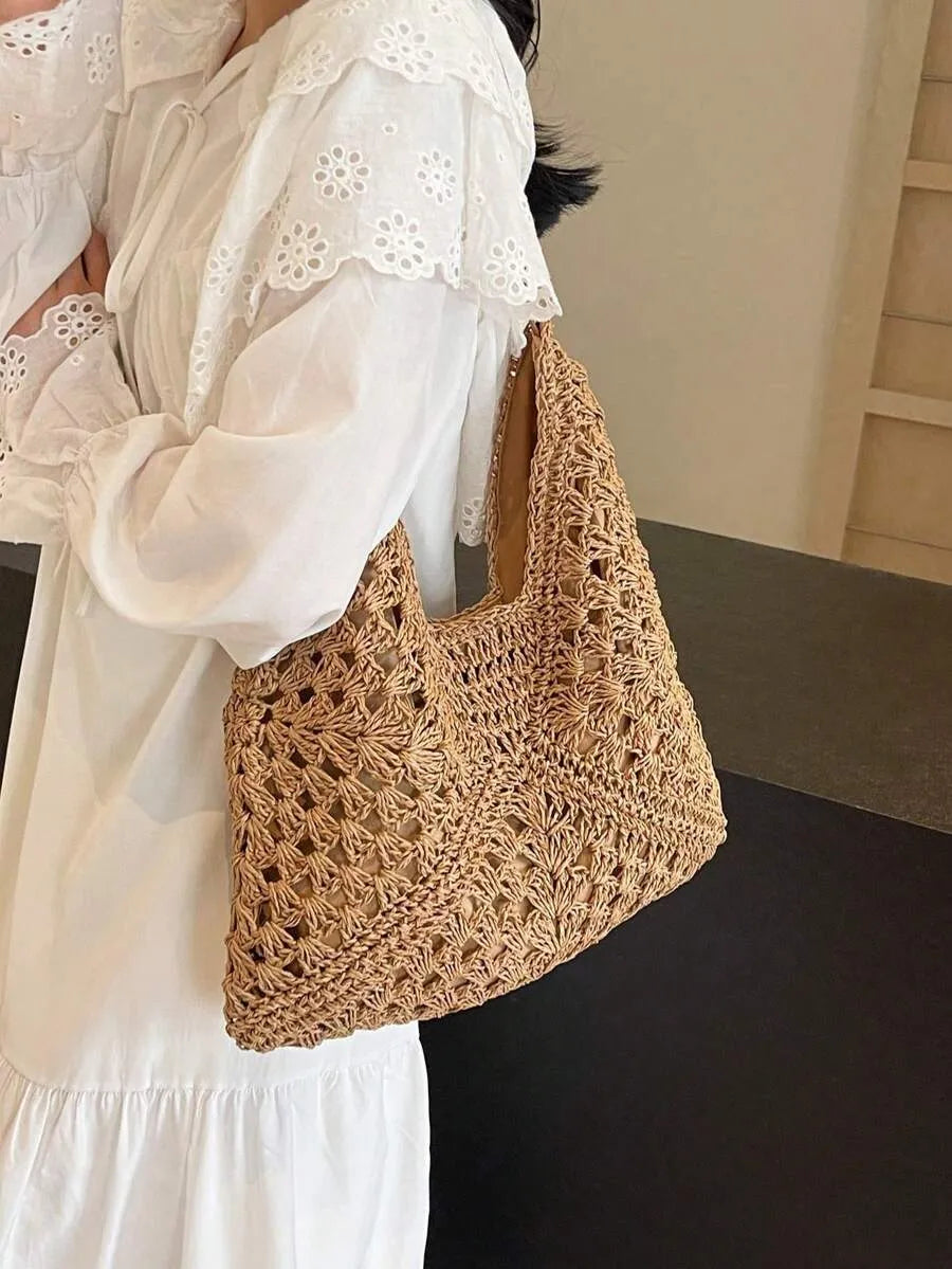 SHEIN حقيبة كتف نسائية من القش المنسوج بسعة كبيرة لعطلة الشاطئ من الرافيا