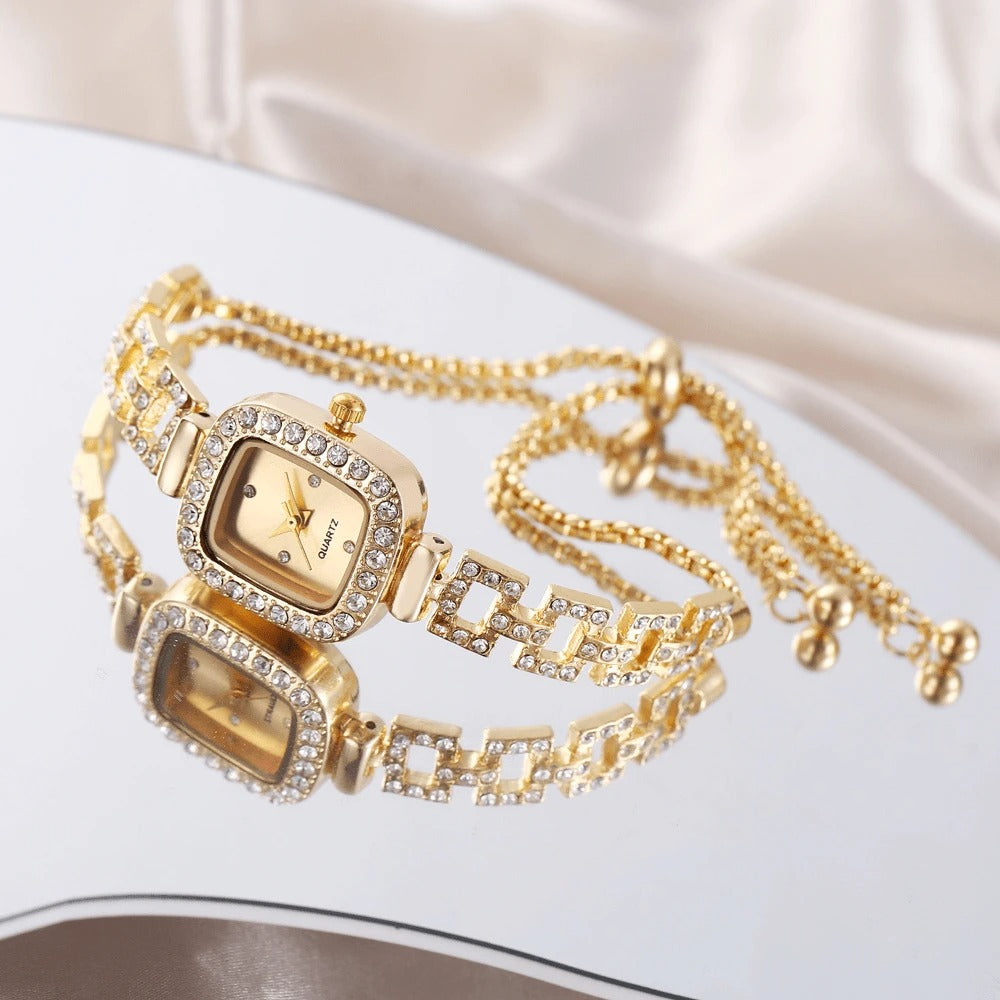 SHEIN ساعة نسائية كوارتز بإطار مربع ذهبي وقرص مرصع بالراينستون