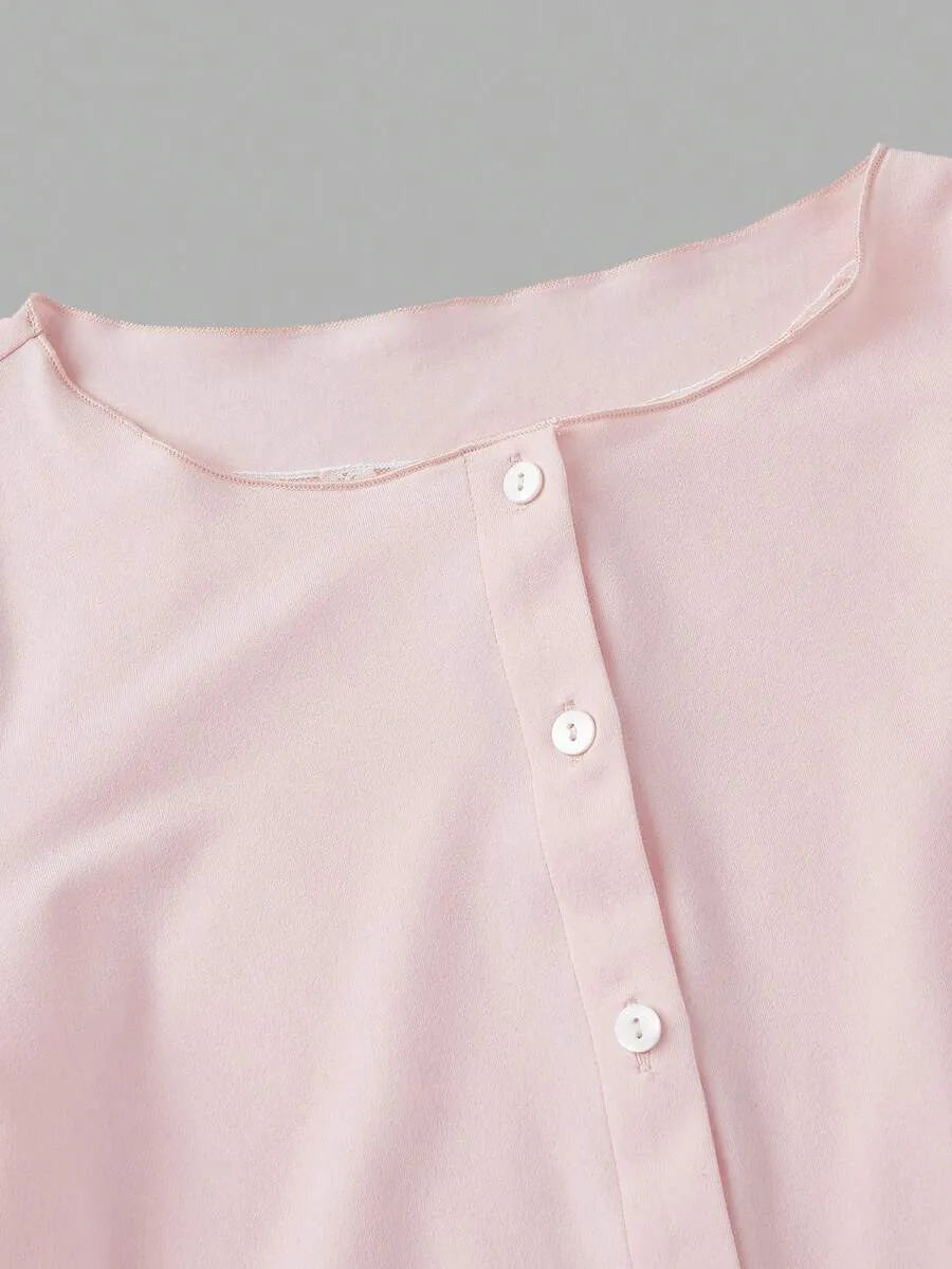 SHEIN MOD توب نسائي ضيق بأكمام طويلة وحافة دانتيل بلون وردي فاتح