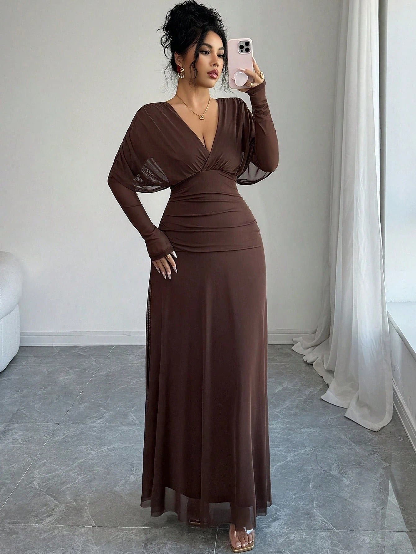 SHEIN Elenzga فستان ماكسي بأكمام طويلة بخصر مجمع بلون بني