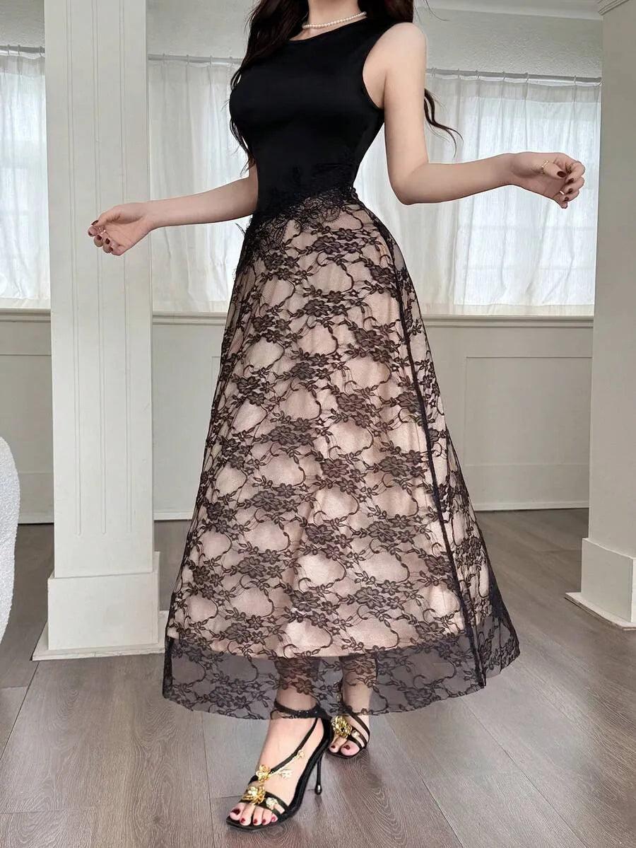 SHEIN Feyla فستان نسائي أنيق رومانسي من الدانتيل والرقعة