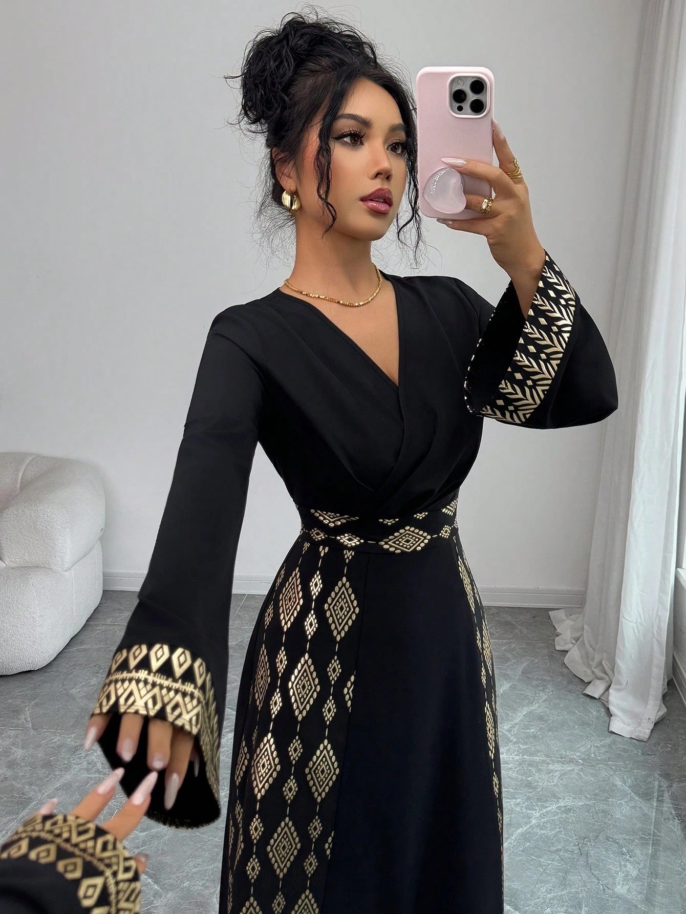 SHEIN Rafferiza فستان ماكسي شيفون بياقة مربعة وأكمام طويلة