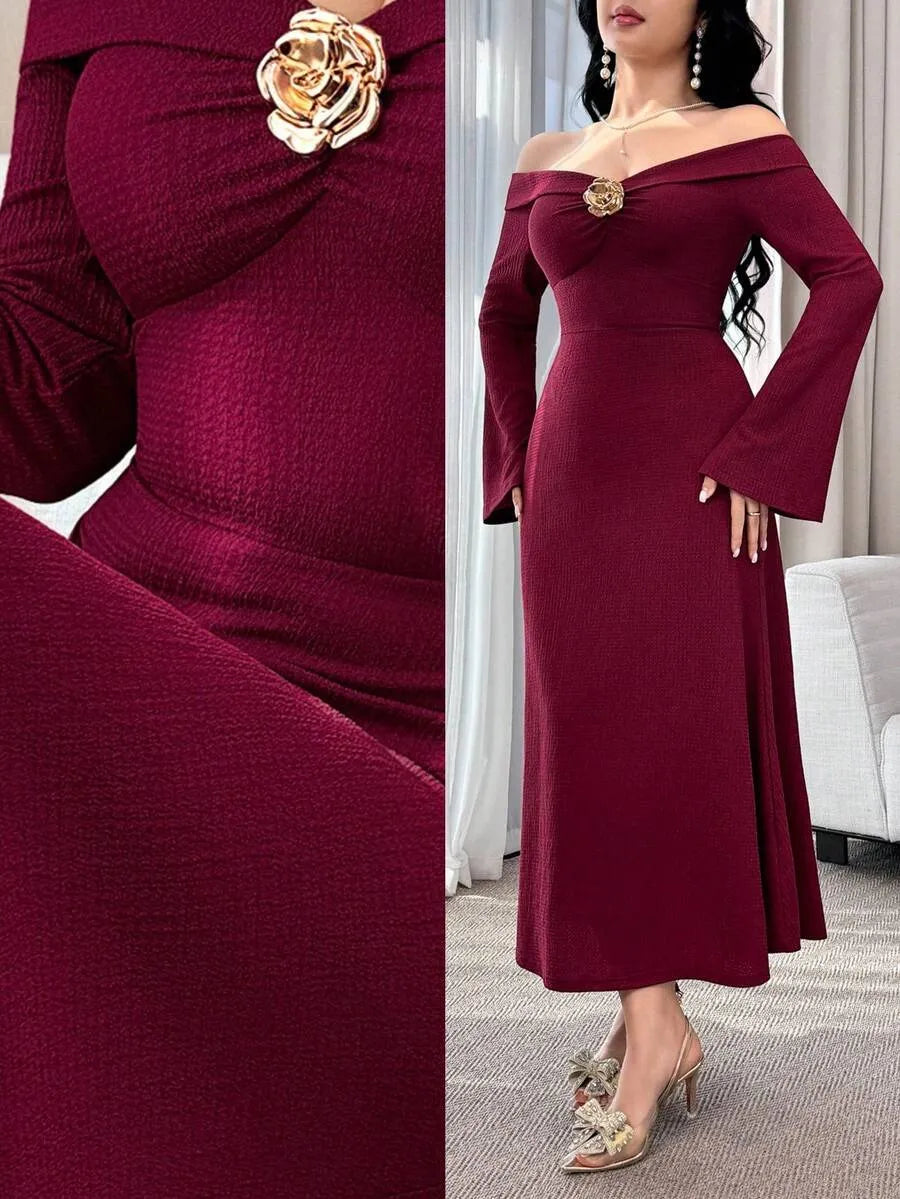 SHEIN Feyla فستان متوسط الطول بأكتاف مكشوفة بلون أحادي للنساء