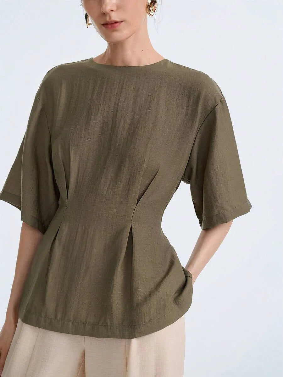 SHEIN Aalyst بلوزة نسائية كتان بياقة مستديرة وخصر مطوي أكمام قصيرة