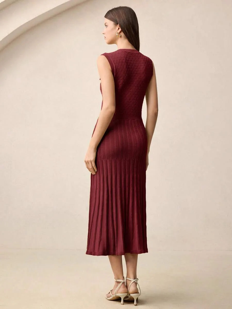 SHEIN BizChic فستان تريكو ميدي بياقة دائرية وأزرار أمامية وخصر مرتفع بلون عنابي