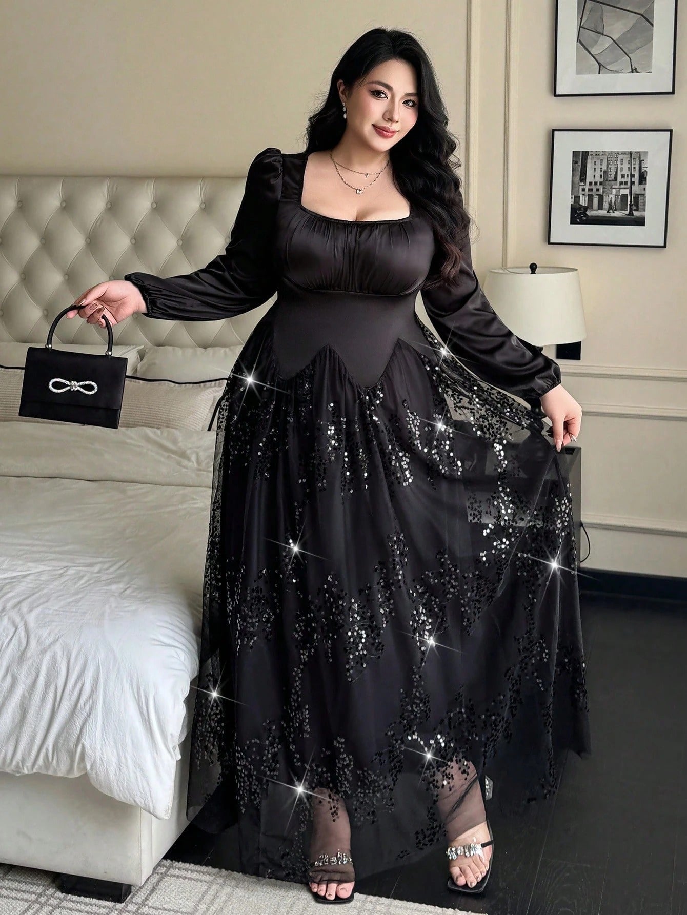 SHEIN Flirla فستان شيفون ماكسي ترتر بأكمام طويلة