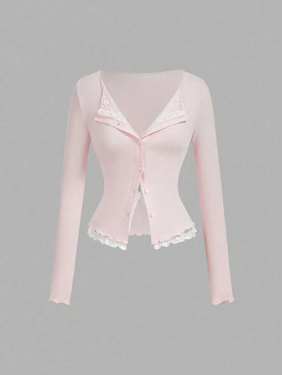 SHEIN MOD توب نسائي ضيق بأكمام طويلة وحافة دانتيل بلون وردي فاتح