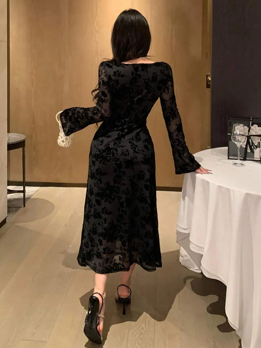 SHEIN DAZY فستان ميدي نسائي بياقة دائرية وأكمام طويلة بنسيج بارز