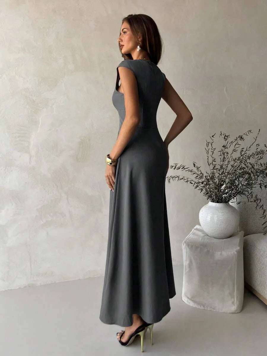 SHEIN Aloruh A-Line فستان رمادي بخصر مطوي