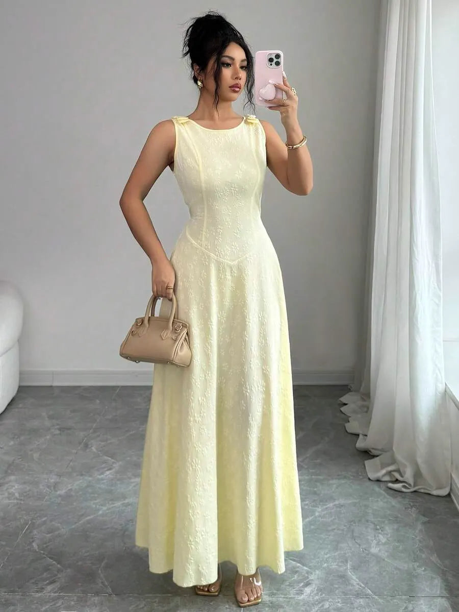 SHEIN Selianne فستان جاكار أنيق بخصر مربوط وياقة مستديرة