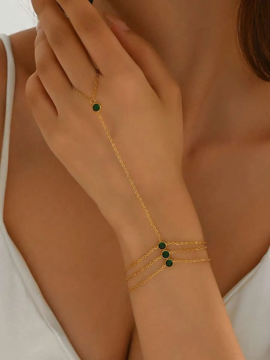 SHEIN سوار نسائي ثلاثي الطبقات من الفولاذ المقاوم للصدأ مزين بالزركونيا الخضراء ومطلي بذهب 18 قيراط