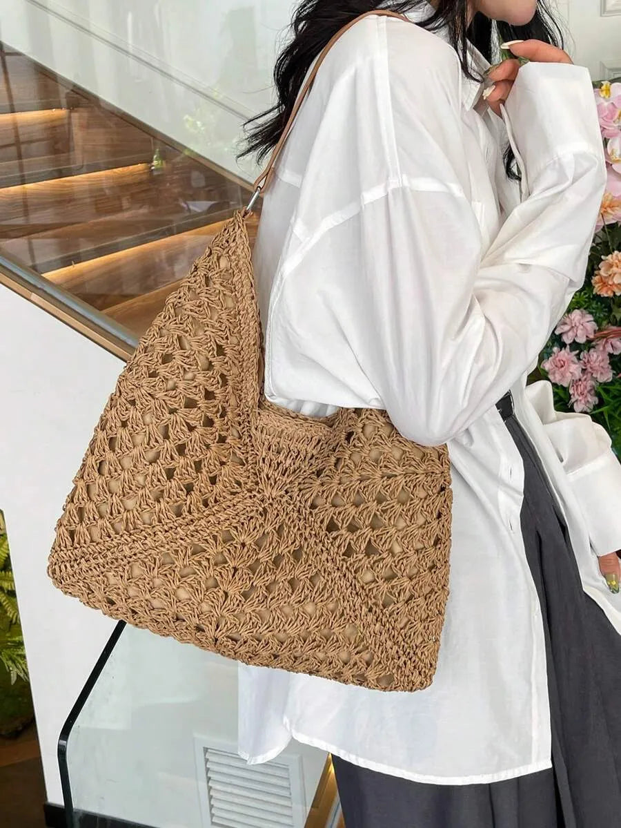 SHEIN حقيبة كتف نسائية من القش المنسوج بسعة كبيرة لعطلة الشاطئ من الرافيا