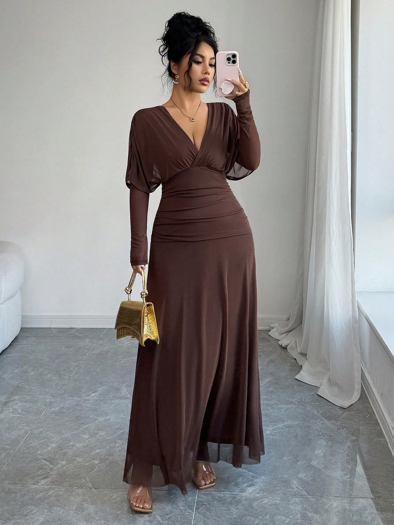 SHEIN Elenzga فستان ماكسي بأكمام طويلة بخصر مجمع بلون بني