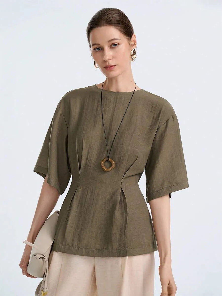 SHEIN Aalyst بلوزة نسائية كتان بياقة مستديرة وخصر مطوي أكمام قصيرة