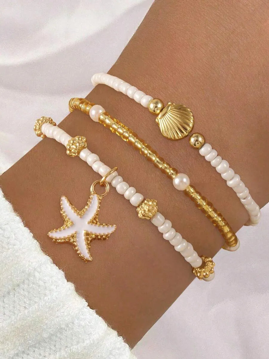 SHEIN طقم أساور شاطئية خرز ونجم البحر وأصداف 3-6 قطع