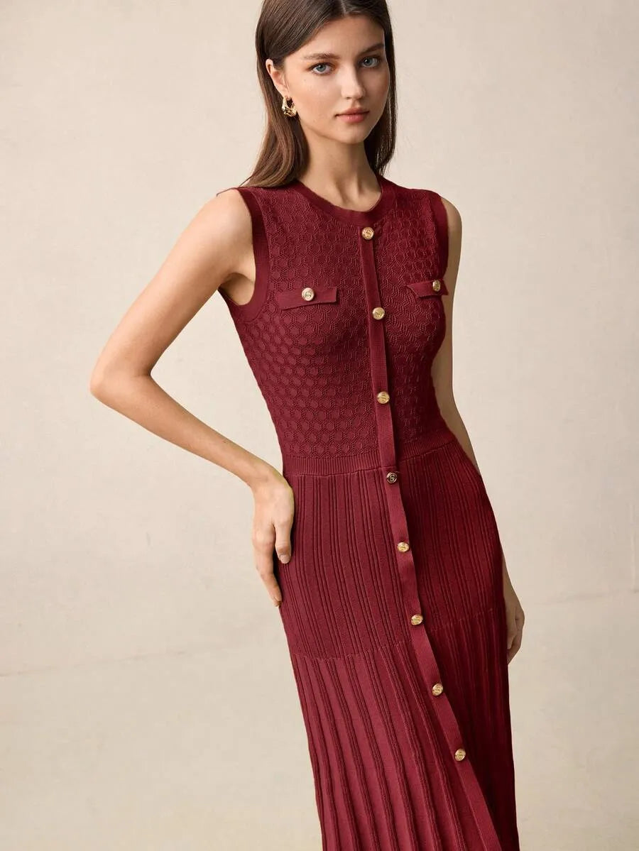 SHEIN BizChic فستان تريكو ميدي بياقة دائرية وأزرار أمامية وخصر مرتفع بلون عنابي