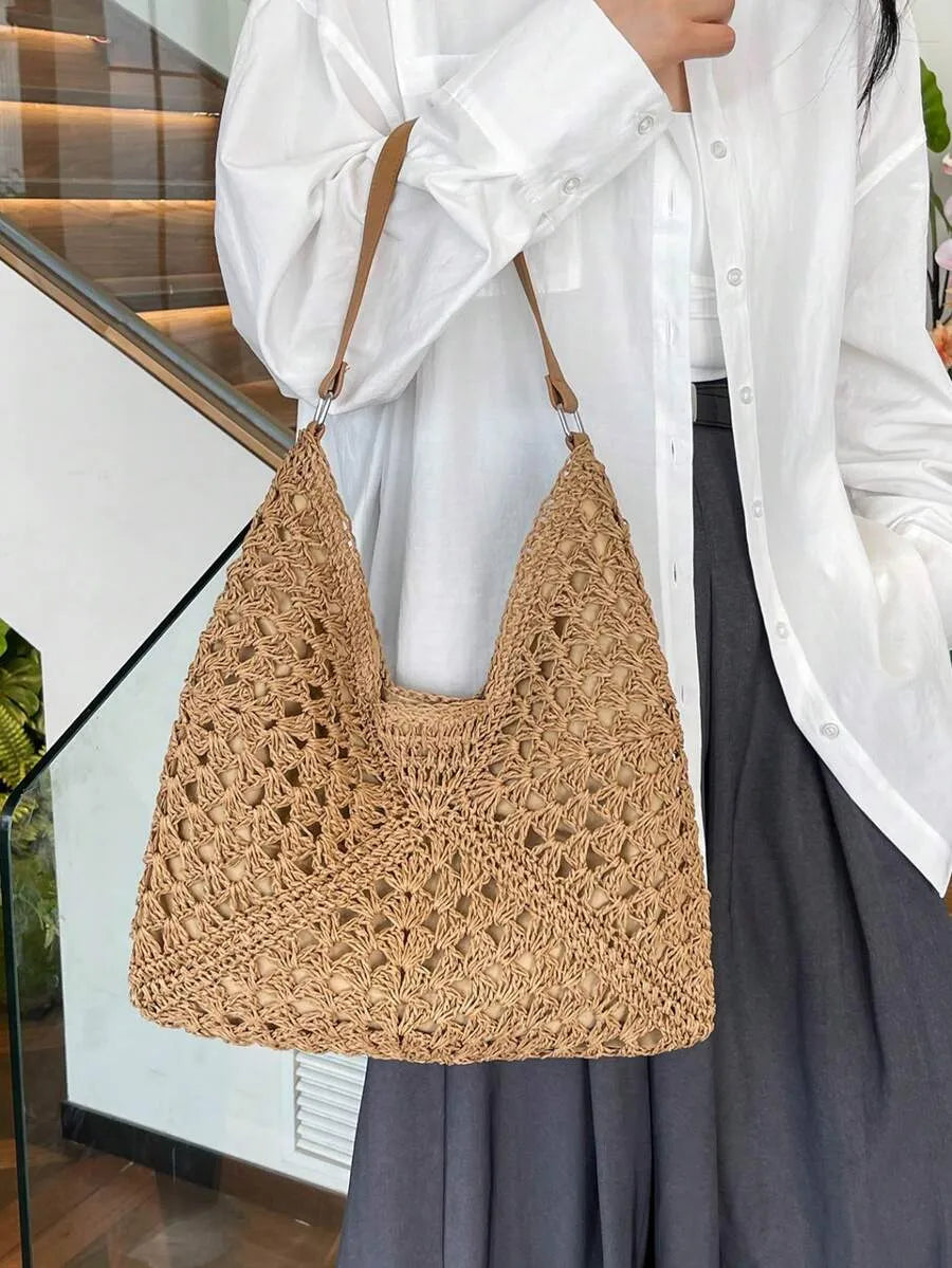 SHEIN حقيبة كتف نسائية من القش المنسوج بسعة كبيرة لعطلة الشاطئ من الرافيا