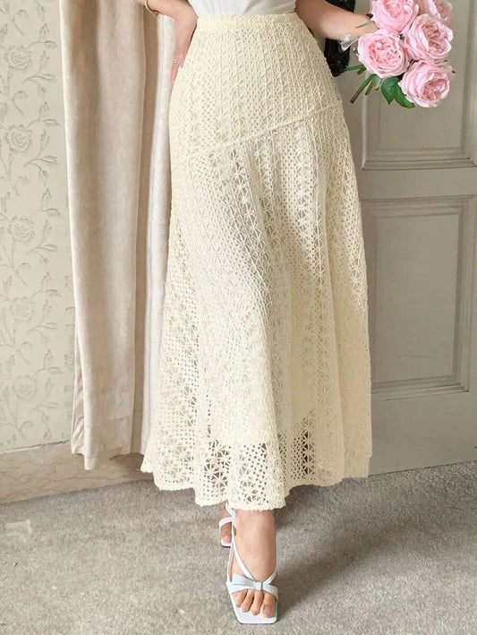 SHEIN DAZY تنورة نسائية طويلة مطرزة بالدانتيل بخصر مطاطي أنيق