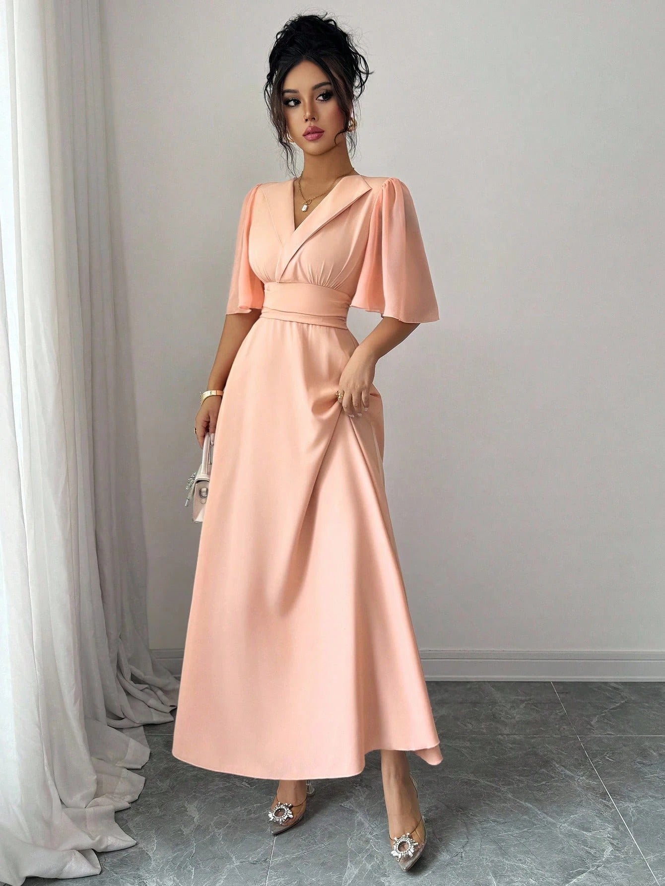 SHEIN Elenzga فستان شيفون مرقع بطبقات وياقة بولو