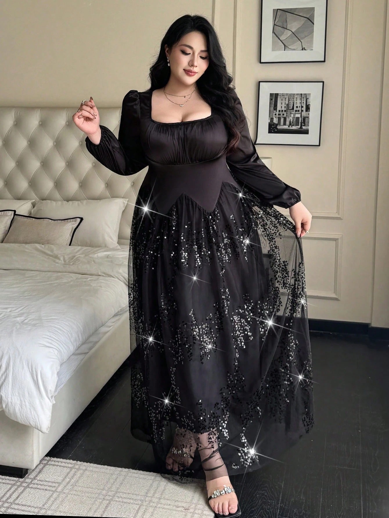 SHEIN Flirla فستان شيفون ماكسي ترتر بأكمام طويلة