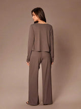 SHEIN Lazeform طقم ملابس منزلية 3 قطع بتوب قصير بحمالات رفيعة وكارديجان بأزرار أمامية وبنطال طويل بلون بني