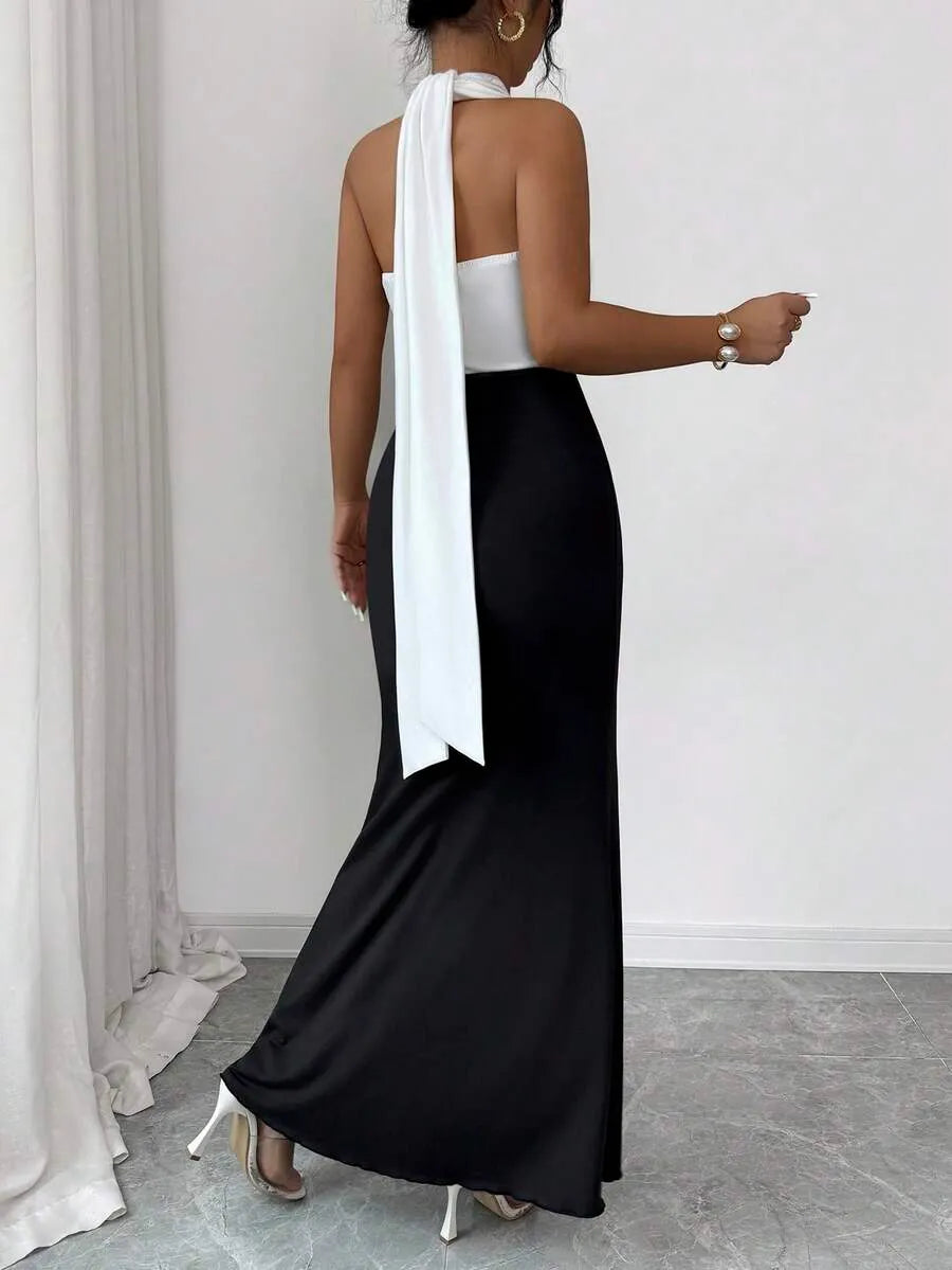 SHEIN Rafferiza فستان ماكسي أسود وأبيض ضيق أنيق