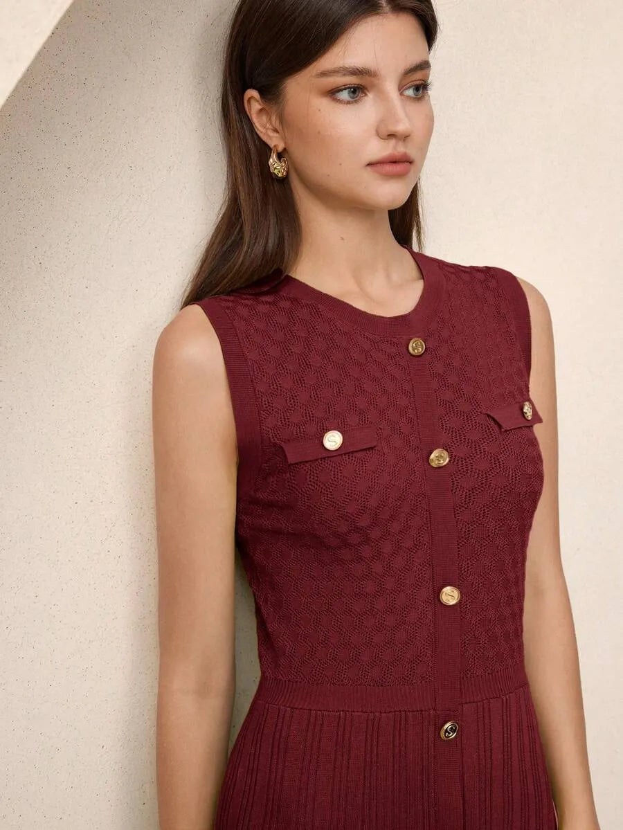 SHEIN BizChic فستان تريكو ميدي بياقة دائرية وأزرار أمامية وخصر مرتفع بلون عنابي