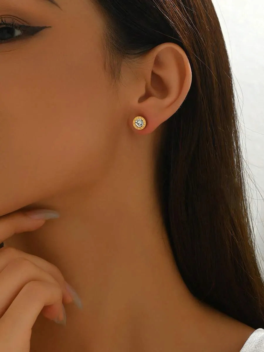 SHEIN أقراط مسمارية نسائية مستديرة مزينة بحجر الراين بلون ذهبي أصفر