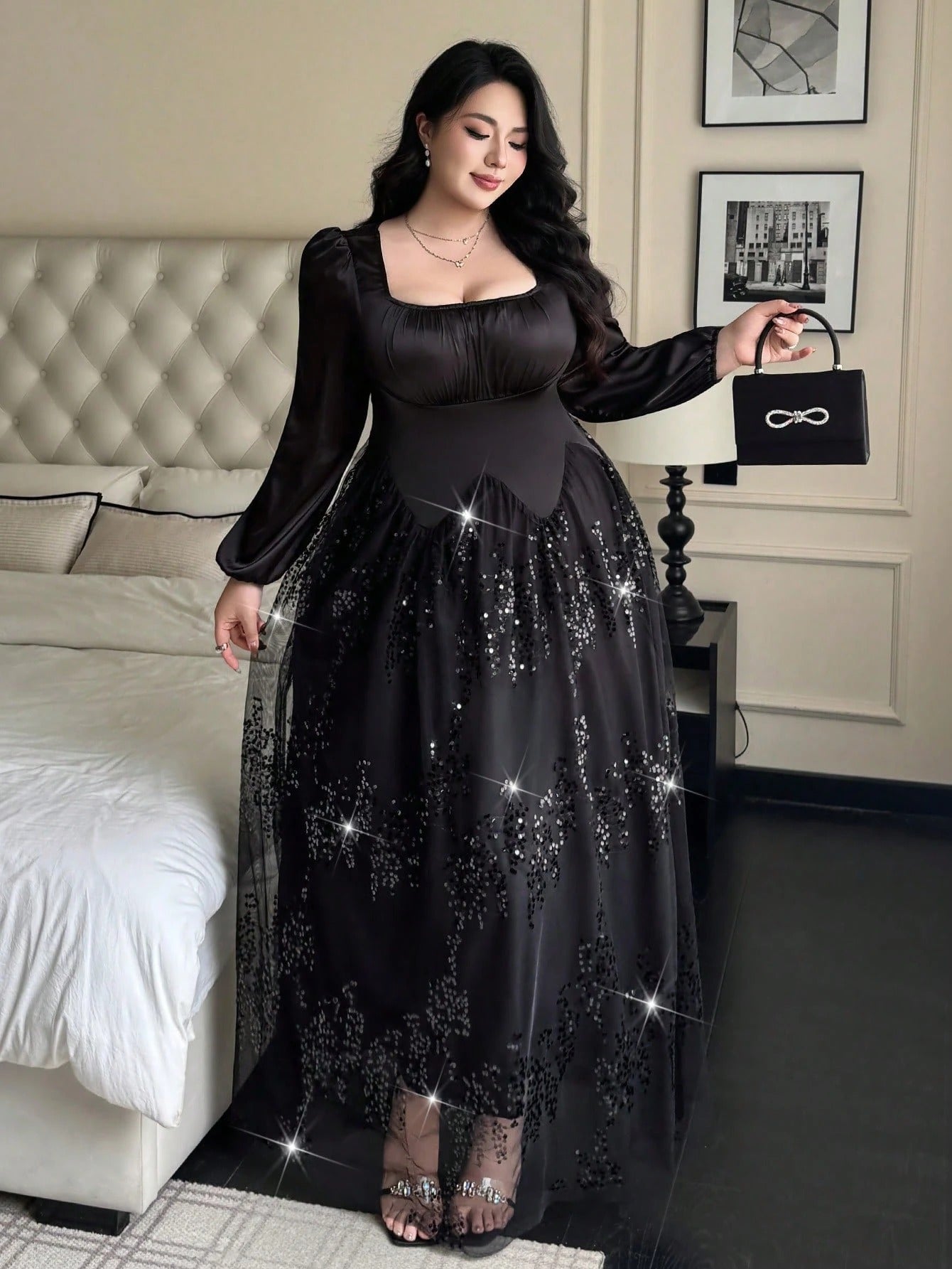SHEIN Flirla فستان شيفون ماكسي ترتر بأكمام طويلة