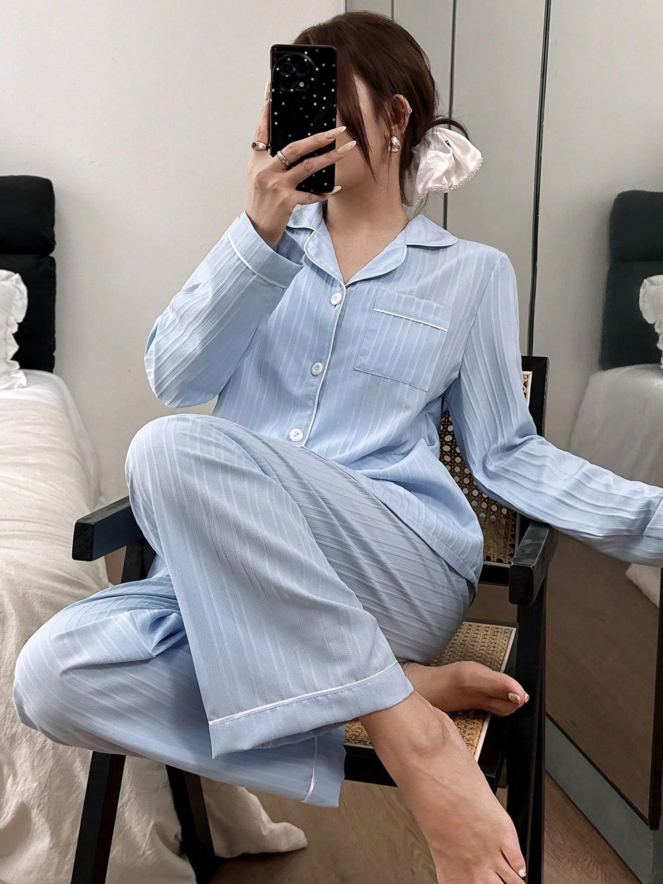 SHEIN Snug Zone طقم بيجامة نسائي علوية بأكمام طويلة وبنطلون مريح