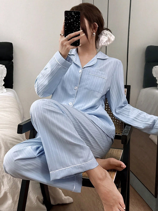 SHEIN Snug Zone طقم بيجامة نسائي علوية بأكمام طويلة وبنطلون مريح