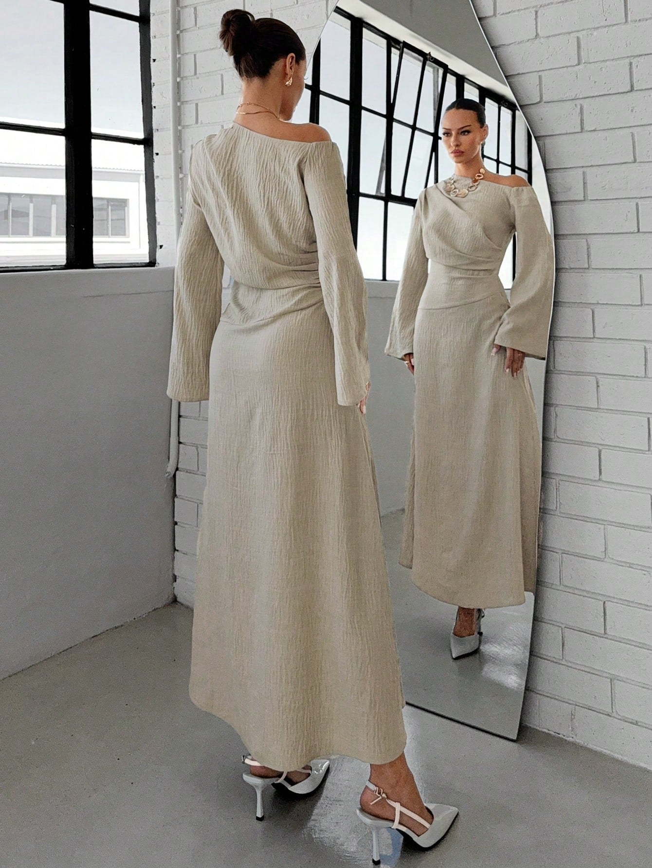 SHEIN Siren Gaze فستان أحادي الكتف طويل الأكمام مطوي الخصر