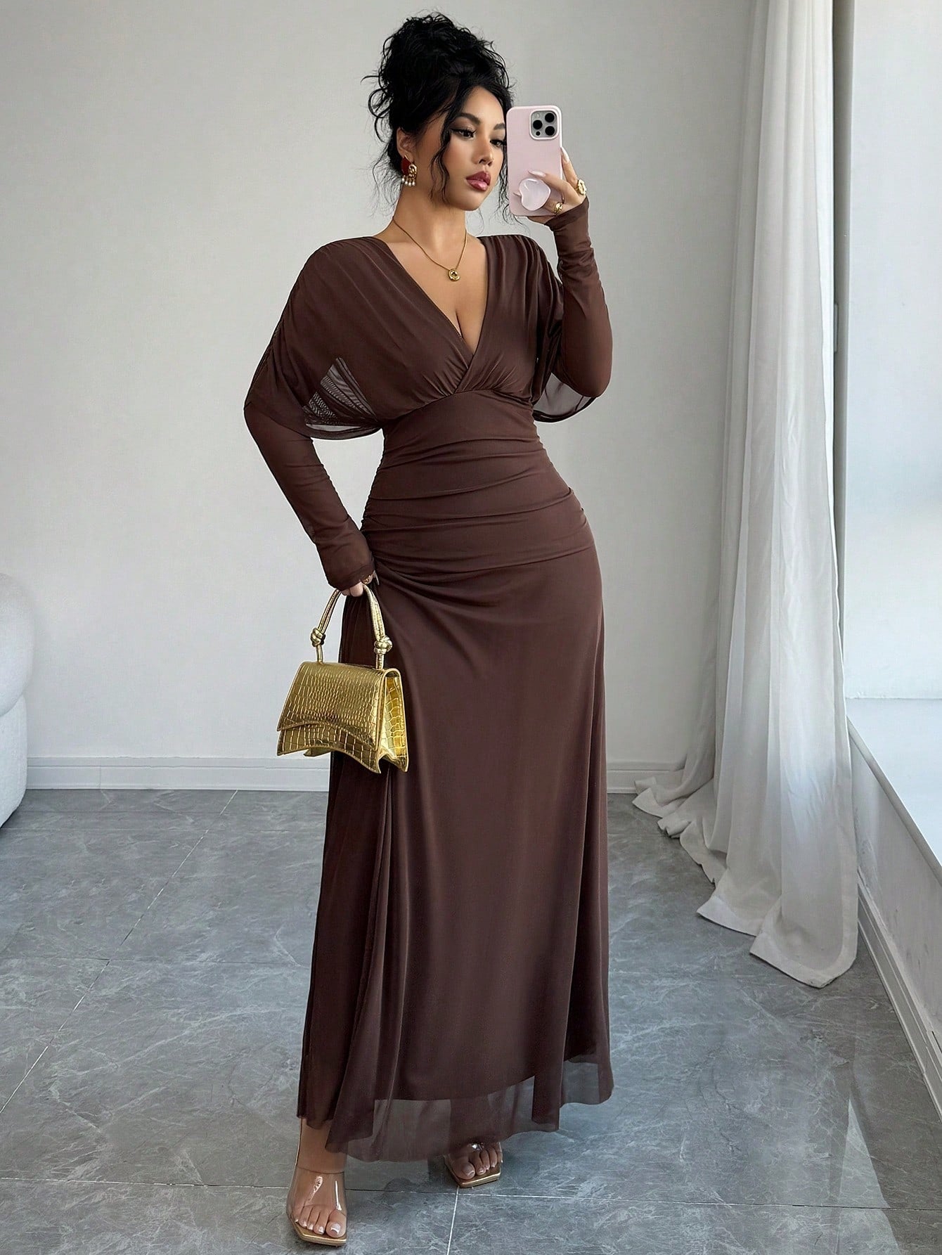 SHEIN Elenzga فستان ماكسي بأكمام طويلة بخصر مجمع بلون بني
