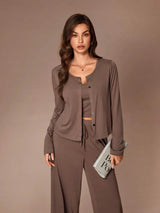 SHEIN Lazeform طقم ملابس منزلية 3 قطع بتوب قصير بحمالات رفيعة وكارديجان بأزرار أمامية وبنطال طويل بلون بني