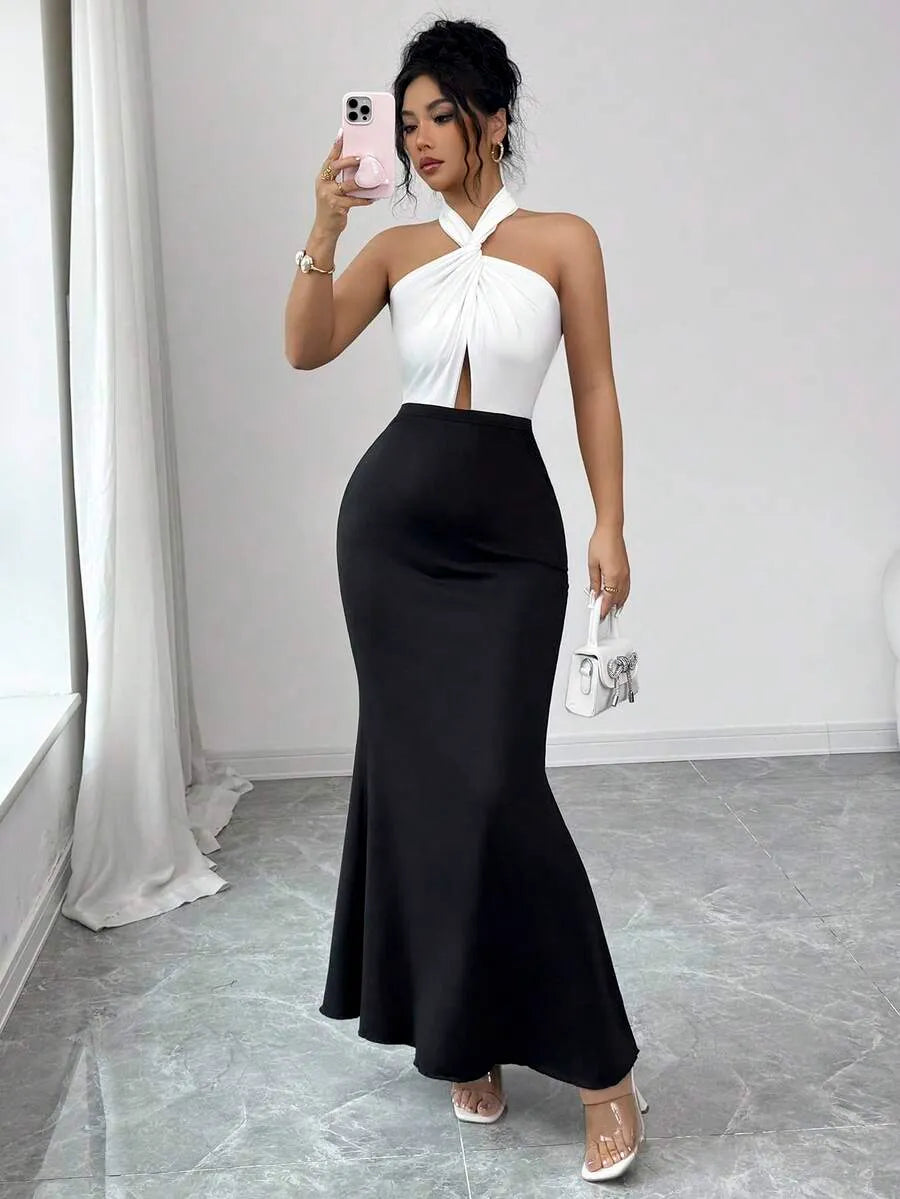 SHEIN Rafferiza فستان ماكسي أسود وأبيض ضيق أنيق