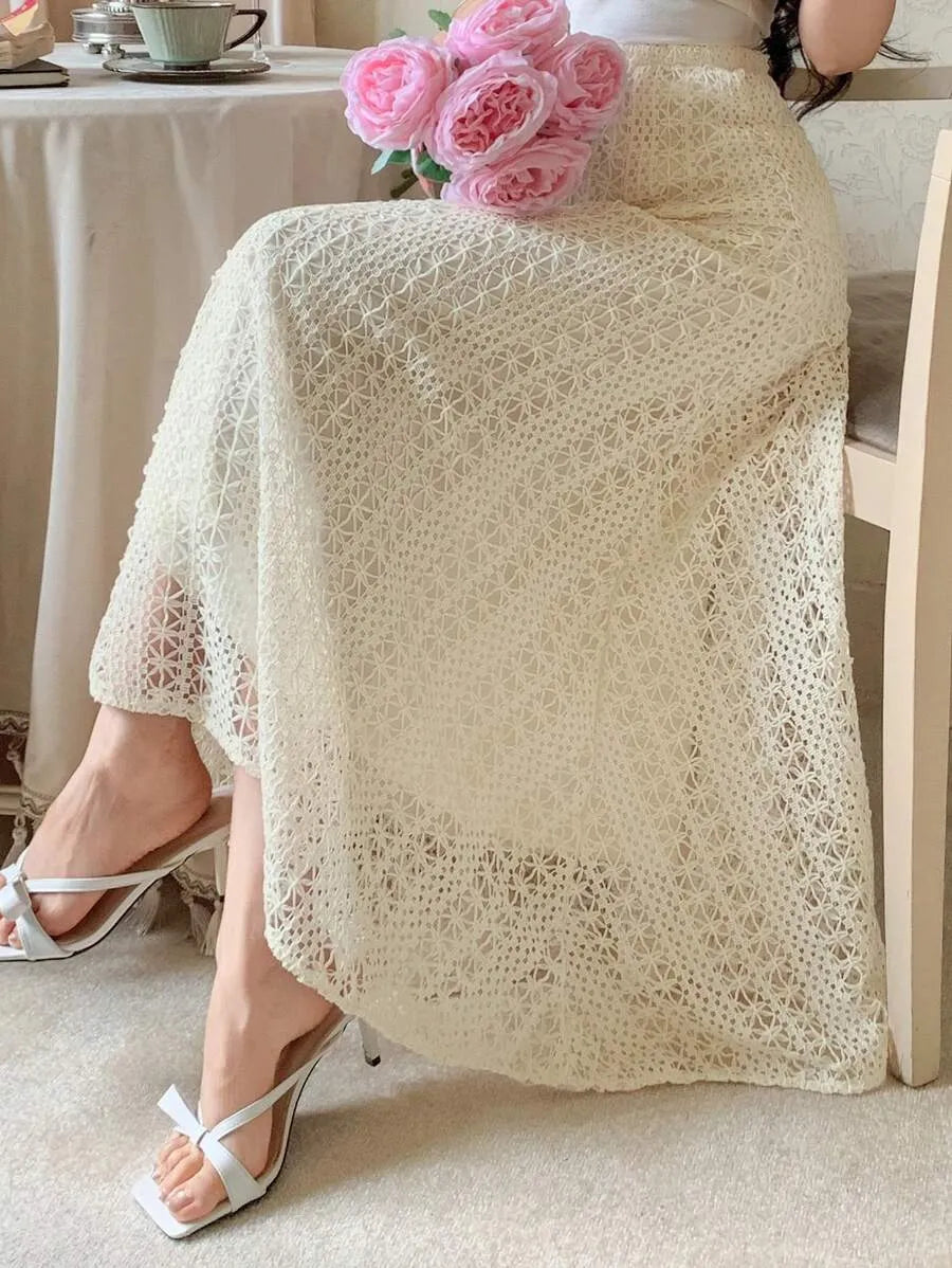 SHEIN DAZY تنورة نسائية طويلة مطرزة بالدانتيل بخصر مطاطي أنيق