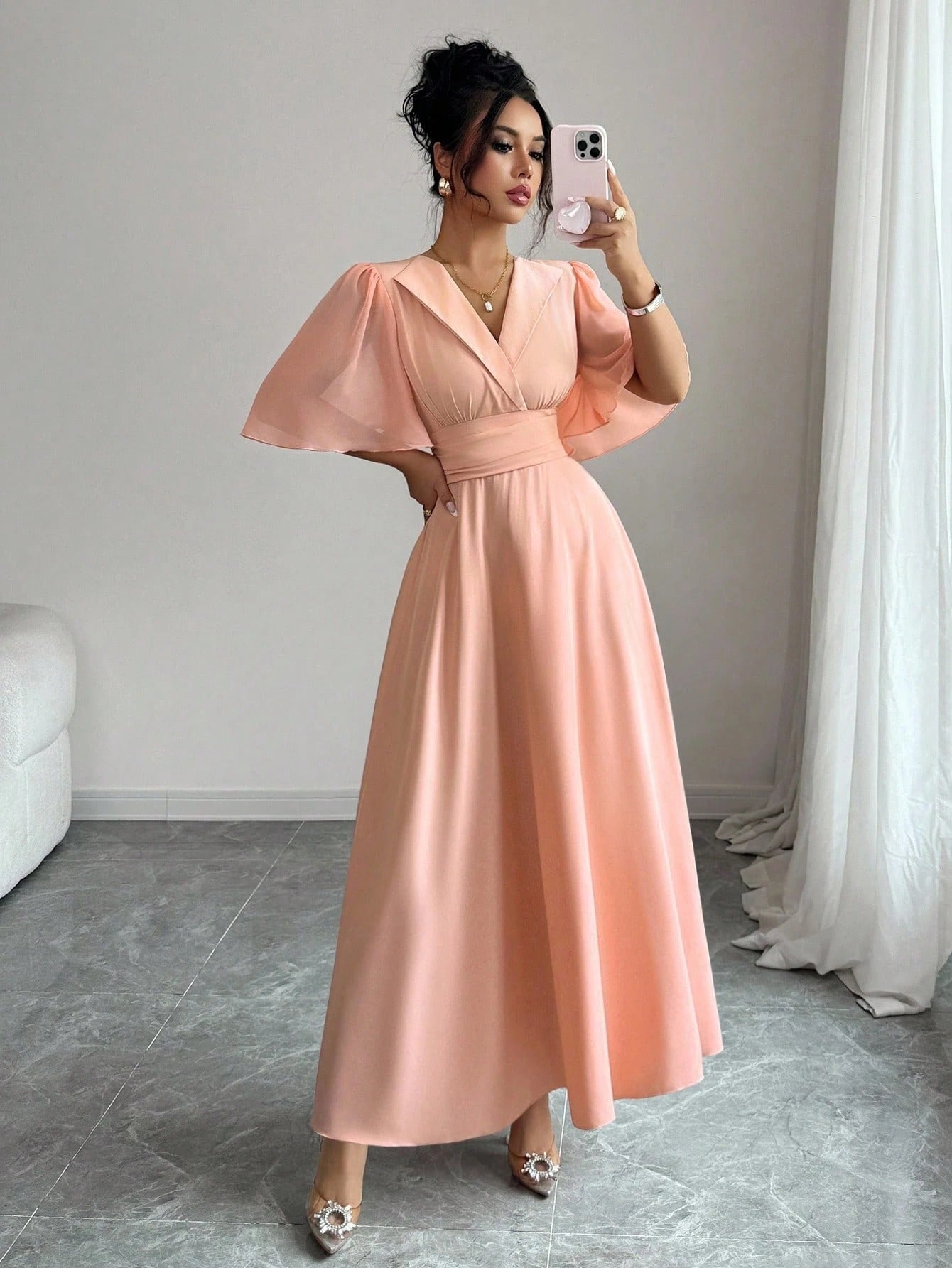 SHEIN Elenzga فستان شيفون مرقع بطبقات وياقة بولو