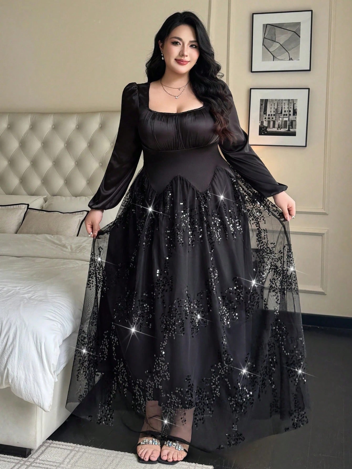 SHEIN Flirla فستان شيفون ماكسي ترتر بأكمام طويلة