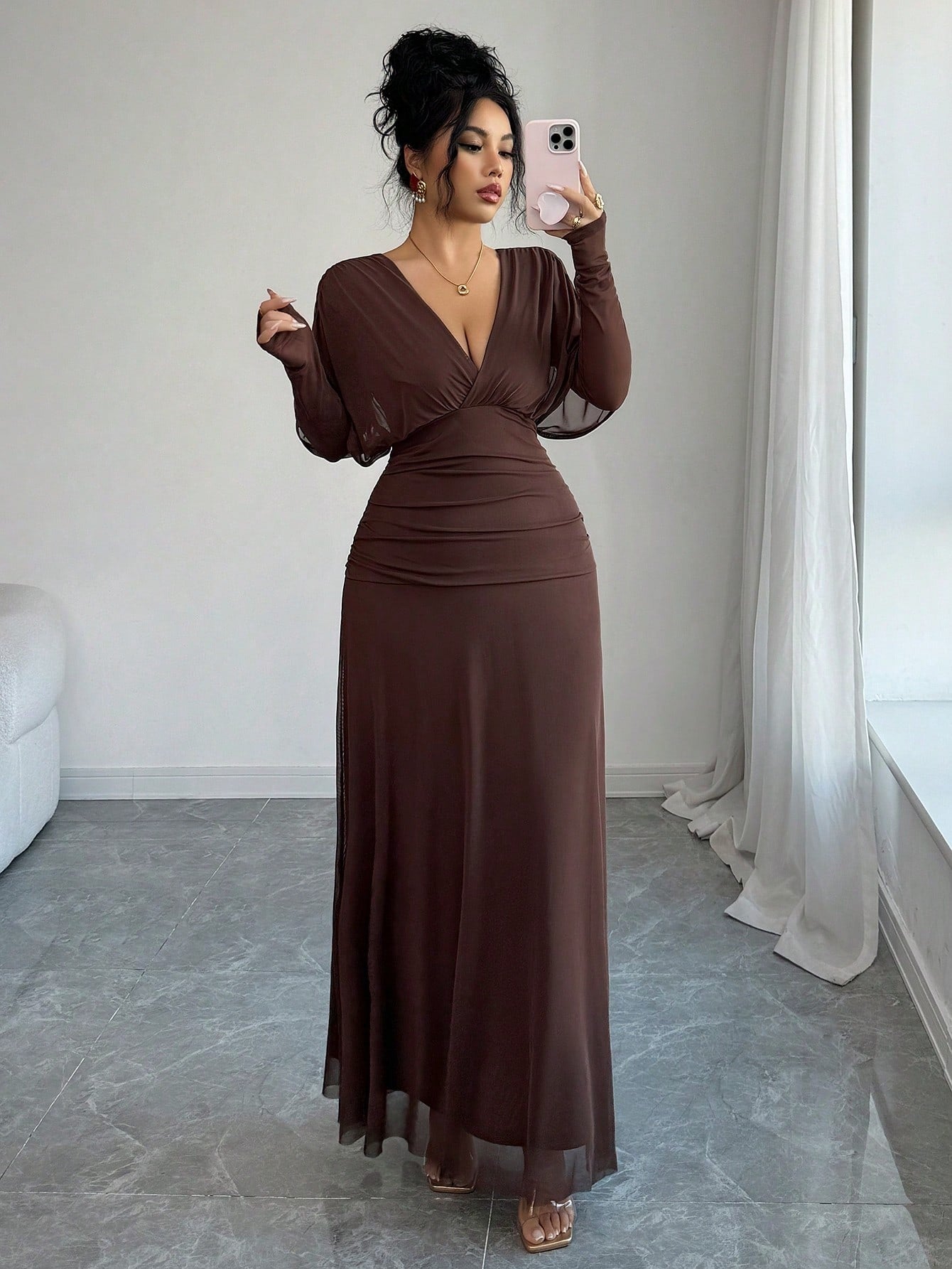 SHEIN Elenzga فستان ماكسي بأكمام طويلة بخصر مجمع بلون بني