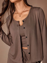 SHEIN Lazeform طقم ملابس منزلية 3 قطع بتوب قصير بحمالات رفيعة وكارديجان بأزرار أمامية وبنطال طويل بلون بني
