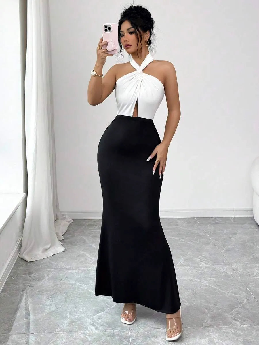 SHEIN Rafferiza فستان ماكسي أسود وأبيض ضيق أنيق