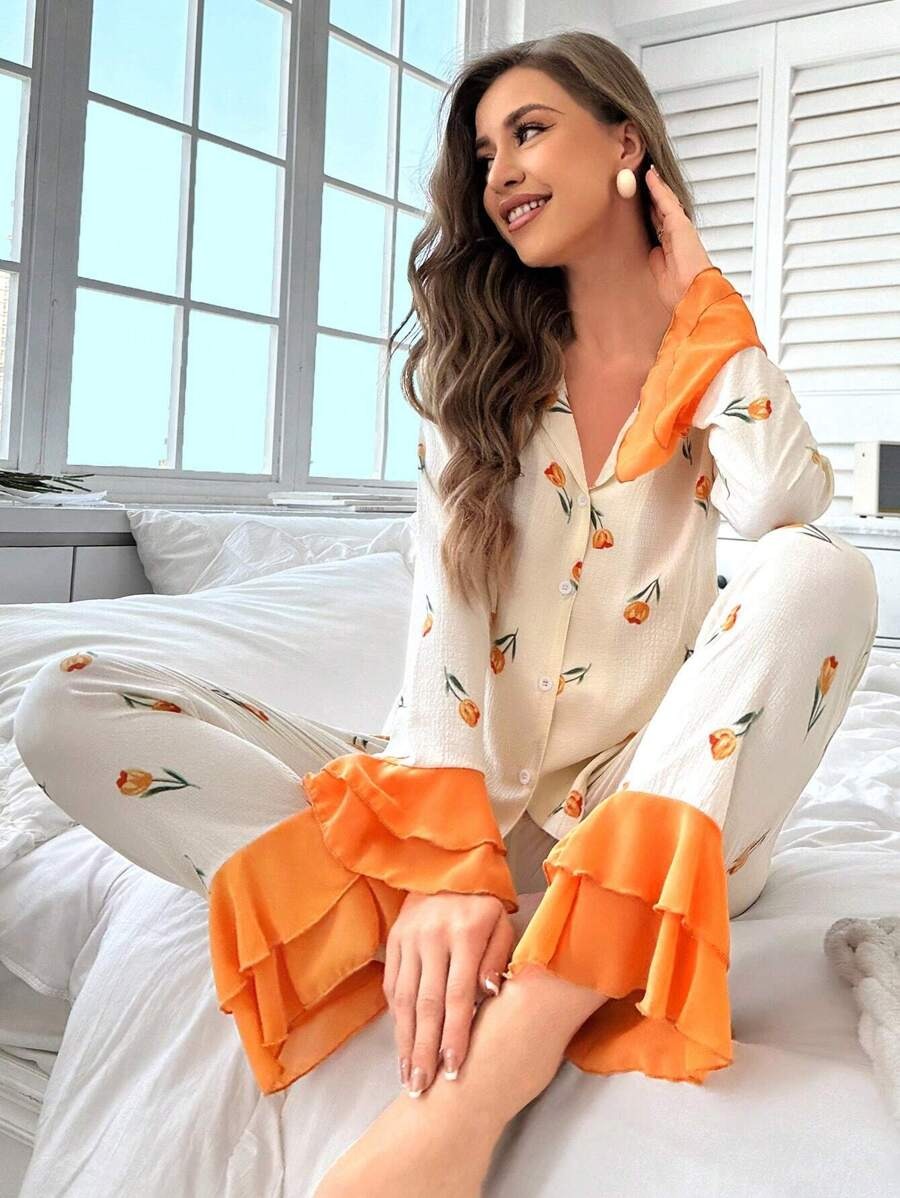 SHEIN CottageSlumber طقم بيجاما  بطبعات زهرية وتفاصيل مكشكشة