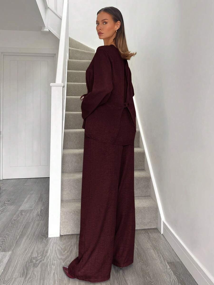 SHEIN Siren Gaze طقم عنابي أنيق من قطعين بلوزة بربطة خلفية وبنطلون واسع