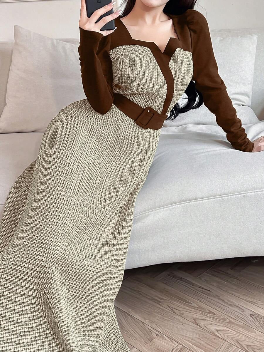 SHEIN فستان بني كاجوال طويل بستايل أنيق